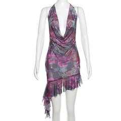 Halter cowl neck beaded sheer mesh print mini dress | samba dress
