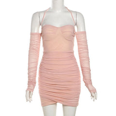 Long sleeve halter off shoulder ruched mini dress