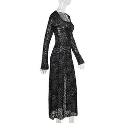 Long sleeve u neck lace slit maxi dress