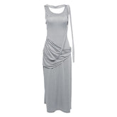 Ruched solid sleeveless u neck irregular midi dress