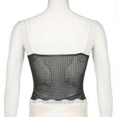 Polka dot lace hem mesh see through cami top