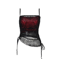 Lace drawstring ruched patchwork cami top