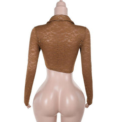 Turnover collar long sleeve lace up lace crop top