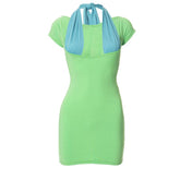 Short sleeve low cut patchwork knotted mini dress