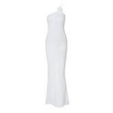 Flower applique one shoulder textured slit cami maxi dress