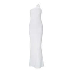Flower applique one shoulder textured slit cami maxi dress