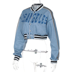 Long sleeve denim letter print patchwork button top