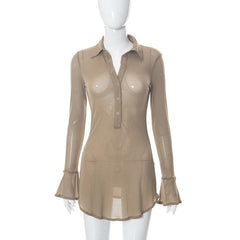Sheer mesh see through button turnover collar flared sleeve mini dress | samba dress