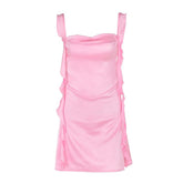 Cowl neck ruffle satin ruched cami mini dress