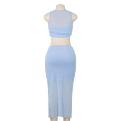 Crewneck sleeveless ruched mesh crop maxi skirt set