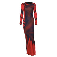 Abstract contrast long sleeve crewneck maxi dress | red tango dress