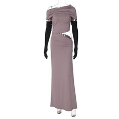 One shoulder gloves ruched hollow out maxi dress