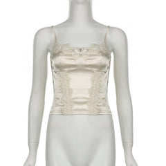Satin lace hem stitch bustier bowknot solid cami top