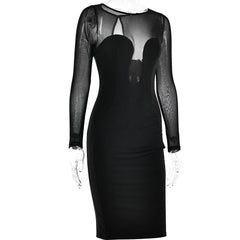 Long sleeve mesh patchwork button midi dress | red tango dress
