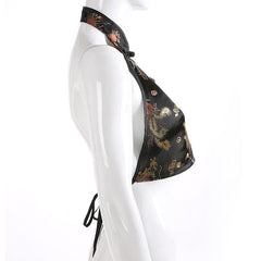 Halter hollow out dragon embroidery crop cut out top