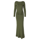 Long sleeve crewneck ruched solid maxi dress | red tango dress
