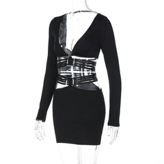 Long sleeve v neck adjustable o ring mini skirt set