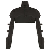 High neck long sleeve hollow out buckle crop coat top