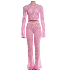 Long flared sleeve hollow out see through crop pant set