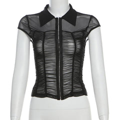 Cap sleeve mesh turnover collar ruched button top