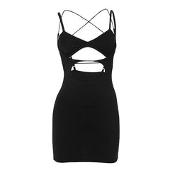 Hollow out cross back backless cami cut out mini dress | black rave dress