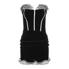 Ruffle velvet stitch ruched backless contrast tube mini dress
