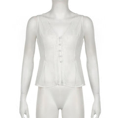 V neck button lace hem solid tank top