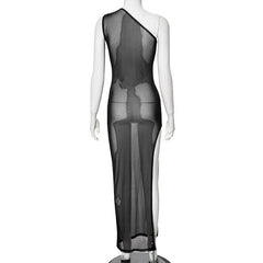 One shoulder sheer mesh print high slit maxi dress | samba dress