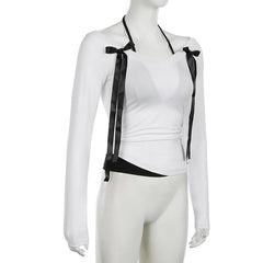 Halter v neck long sleeve bowknot top