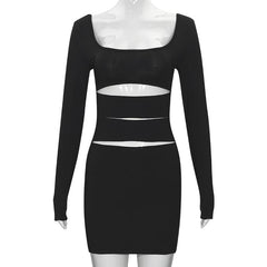 U neck long sleeve hollow out backless mini dress