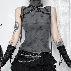 Sleeveless high neck buckle patchwork top