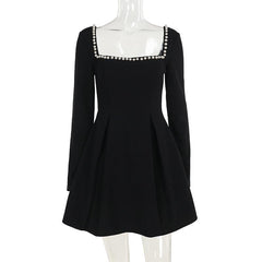 Square neck long sleeve beaded mini dress