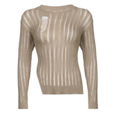 Irregular slit crewneck knitted long sleeve solid crochet top