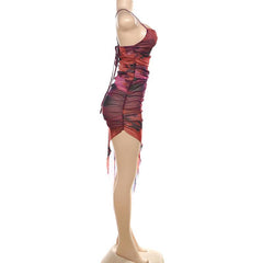 Sheer mesh cross back ruched print irregular cami midi dress | samba dress