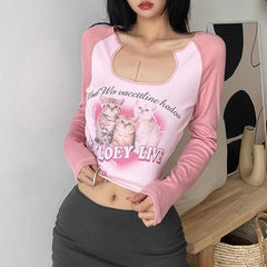 Long sleeve cat pattern notch neck stitch ribbed contrast crop top