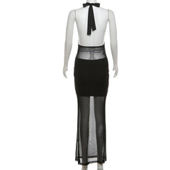 Halter hollow out mesh patchwork maxi dress