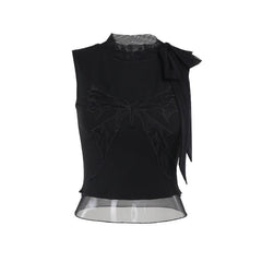 Butterfly embroidery sleeveless mesh knotted top