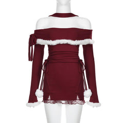 Halter off shoulder long sleeve fluffy self tie mini dress