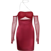 Mesh gloves solid halter ruched hollow out off shoulder mini dress | red tango dress
