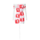 Abstract drawstring contrast off shoulder ribbed mini dress | red tango dress