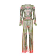 Long sleeve contrast sheer mesh see through pant set