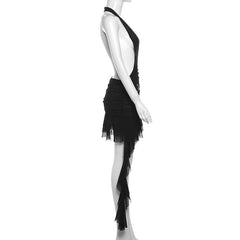 Halter ruffle o ring sheer mesh mini dress | samba dress