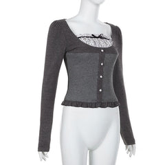 Ruffle polka dot patchwork button long sleeve contrast top