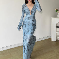 Long sleeve sheer mesh v neck print maxi dress | samba dress