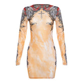Long sleeve crewneck print sheer mesh mini dress | samba dress
