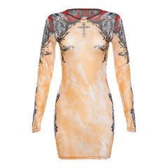 Long sleeve crewneck print sheer mesh mini dress | samba dress