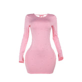 Crewneck long sleeve beaded backless mini dress