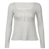 Long sleeve lace hem bowknot ribbed top