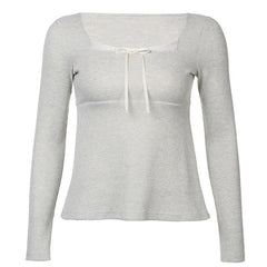 Long sleeve lace hem bowknot ribbed top