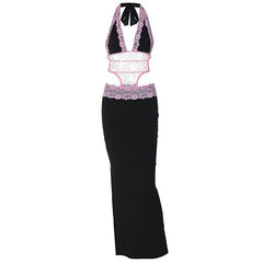 Halter patchwork lace deep v neck maxi dress